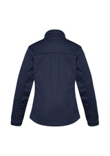 Ladies navy soft shell jacket in size 2XL, features water-resistant fabric, micro fleece lining, and adjustable cuffs.