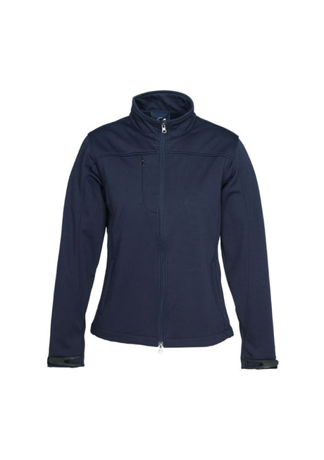 Navy ladies soft shell jacket in 2XL with water resistance, micro fleece lining, and adjustable cuffs for outdoor comfort.