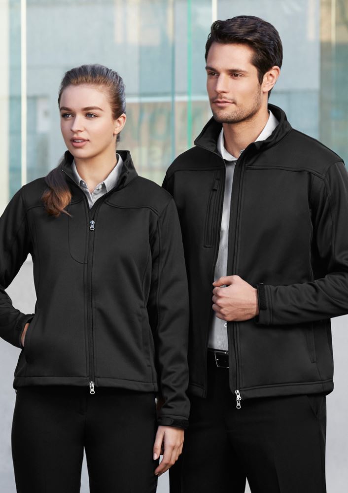 Ladies black soft shell jacket in size 2XL featuring windproof, water-repellent fabric and adjustable cuffs for outdoor comfort.
