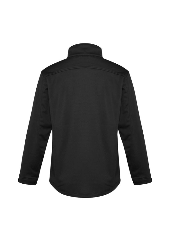 Men's black soft shell jacket, size M, featuring water repellent, windproof design, and micro fleece lining for comfort.