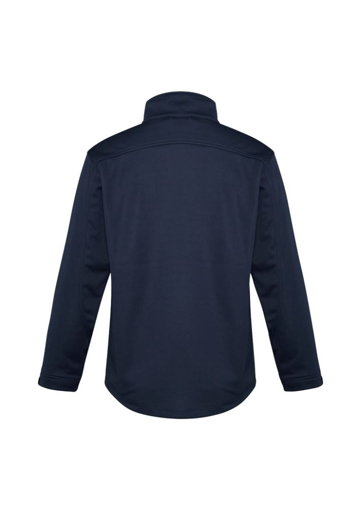 Men's navy soft shell jacket in 3XL, featuring fleece lining, water repellent, zippered pockets, and windproof design.