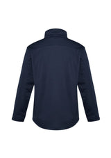 Men's navy soft shell jacket in 3XL, featuring fleece lining, water repellent, zippered pockets, and windproof design.