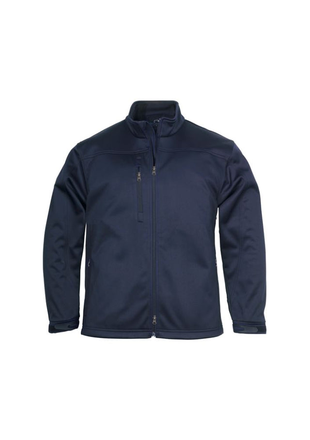 Men's Navy Soft Shell Jacket in 3XL, featuring fleece lining, water repellent fabric, and adjustable cuffs for outdoor comfort.