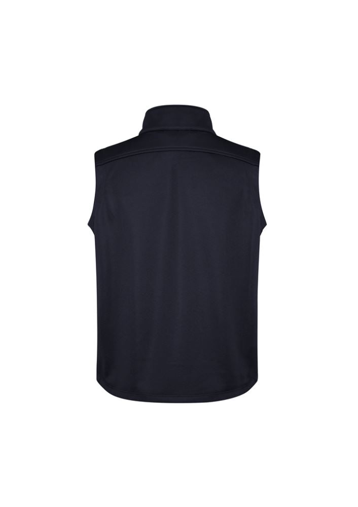 Men's navy soft shell vest from Biz Collection, size S, featuring windproof design, water repellent fabric, and multiple zippered pockets.