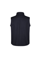 Men's navy soft shell vest from Biz Collection, size S, featuring windproof design, water repellent fabric, and multiple zippered pockets.