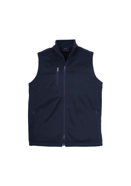 Navy Men's Soft Shell Vest in XL with windproof design, zip pockets, and breathable, water-repellent fabric for outdoor comfort.