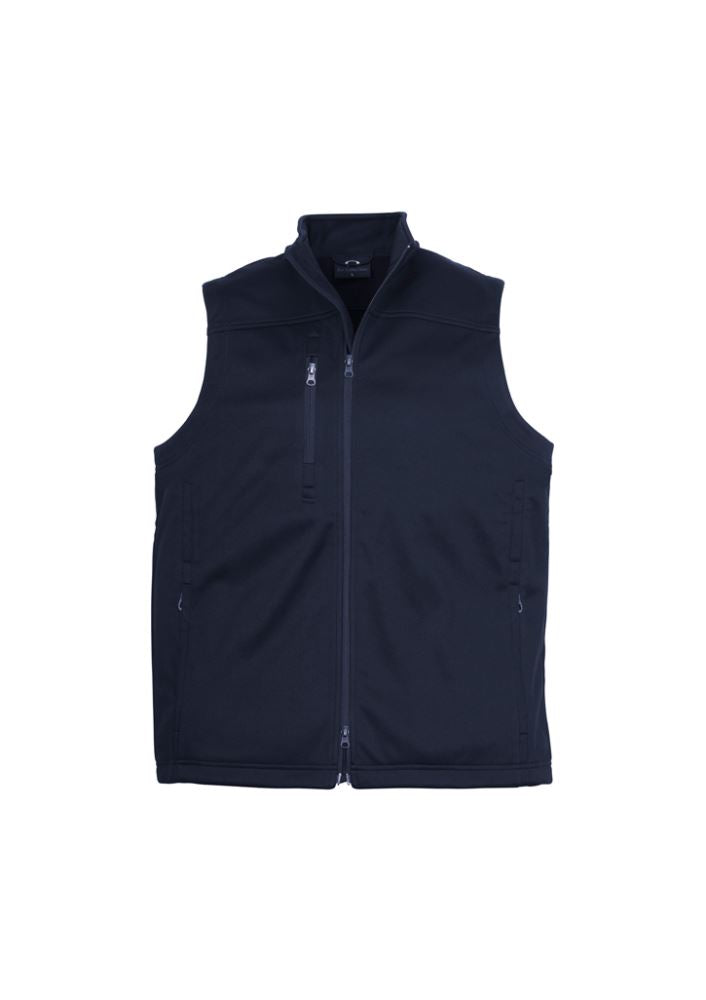 Men's navy soft shell vest by Biz Collection, size S, featuring water repellency, windproof design, and multiple zippered pockets.