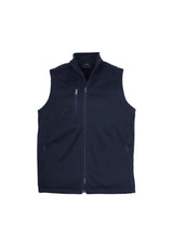 Men's navy soft shell vest by Biz Collection, size S, featuring water repellency, windproof design, and multiple zippered pockets.