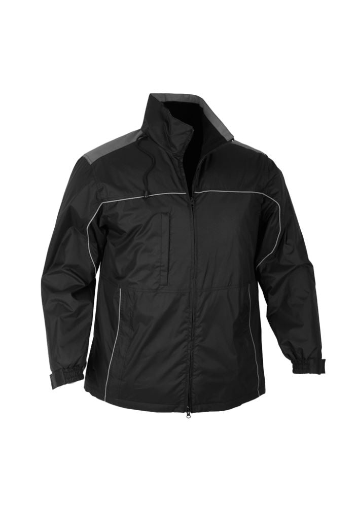 Men's Reactor Jacket in Black/Graphite, size XL, featuring reflective piping, adjustable hood, and multiple secure pockets.