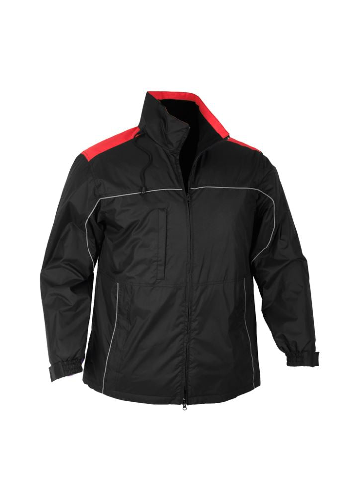 Men's Reactor Jacket in Black/Red (Size XL) featuring reflective piping, hidden hood, and multiple zippered pockets for outdoor comfort.