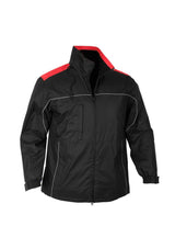 Men's Reactor Jacket in Black/Red (Size XL) featuring reflective piping, hidden hood, and multiple zippered pockets for outdoor comfort.