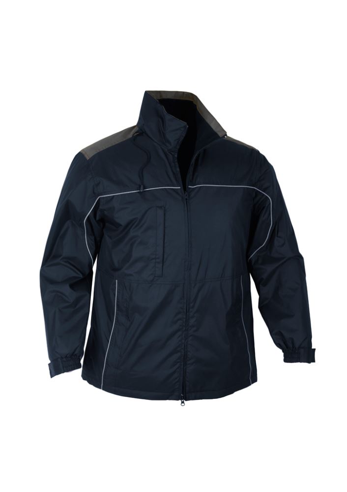 Men's Reactor Jacket in Navy/Graphite, 5XL, featuring reflective piping, hidden hood, and multiple zippered pockets for utility.