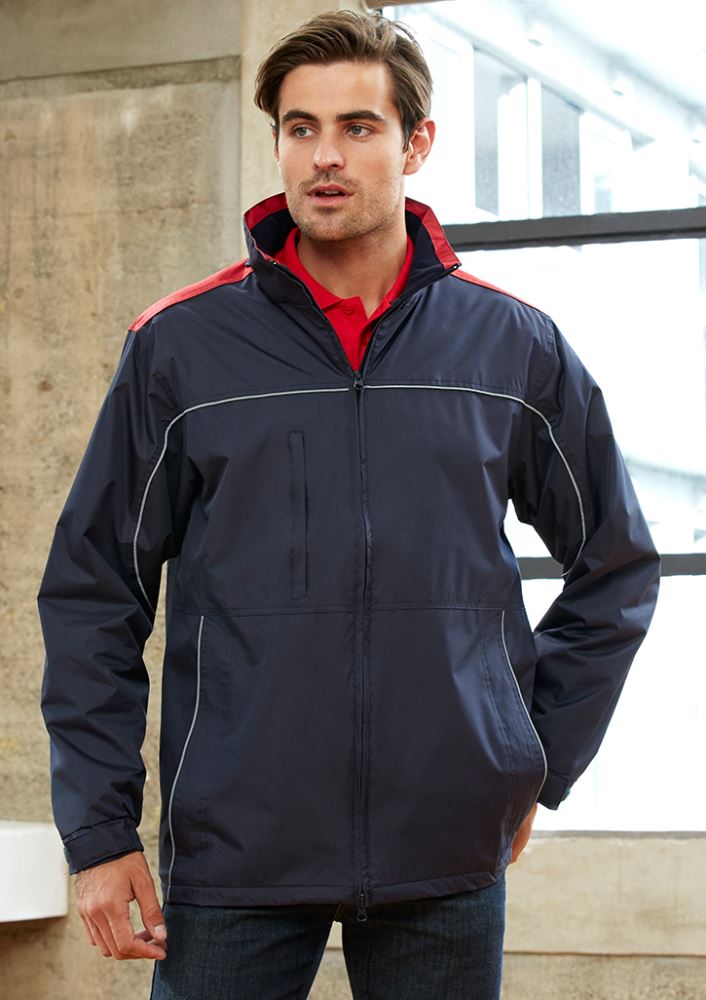Men's Reactor Jacket in Black/Red size XL, featuring reflective piping, zippered pockets, and a hidden hood for outdoor adventures.