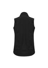 Ladies Geneva Vest in black and cyan, size XL, features a stand-up collar, zippered pockets, and is water-repellent and windproof.