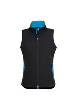 Ladies Geneva Vest in Black/Cyan, size M, featuring water-repellent fabric, fleece lining, and stylish zippered pockets.