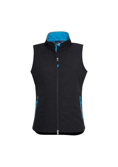 Ladies Geneva Vest in Black/Cyan, size M, featuring water-repellent fabric, fleece lining, and stylish zippered pockets.