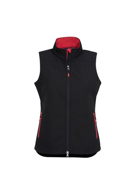 Ladies Geneva Vest in black and red, featuring a stand-up collar, zippered pockets, and water-repellent, windproof fabric. Size M.