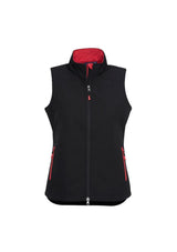 Ladies Geneva Vest in black and red, size L, features stand-up collar, zippered pockets, and water-repellent, breathable fabric.