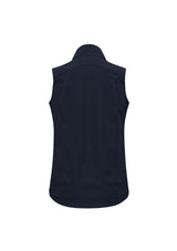 Ladies Geneva Vest in Navy/Graphite, Size L from Biz Collection, featuring water repellent, warm fleece lining, and stylish scalloped tail.