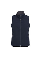 Ladies Geneva Vest in Navy/Graphite, size 2XL, featuring a cozy fleece lining, zippered pockets, and stylish scalloped back.