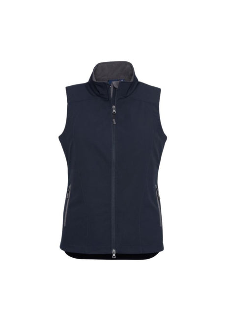 Ladies Geneva Vest in Navy/Graphite, size 2XL, featuring a cozy fleece lining, zippered pockets, and stylish scalloped back.
