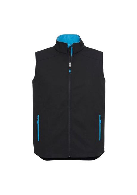 Stylish black and cyan men’s vest with stand-up collar, zippered pockets, and water-repellent, breathable fabric for comfort.