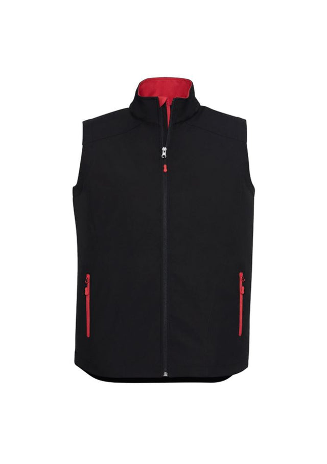 Men's Geneva Vest in black and red, size 2XL, featuring water-repellent fabric, fleece lining, and zippered pockets.