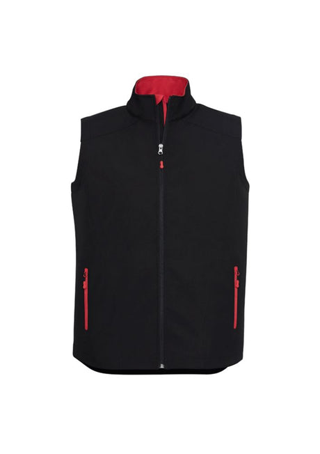 Men's 5XL Geneva Vest in Black/Red with fleece lining, stand-up collar, zippered pockets, and windproof, water-repellent features.