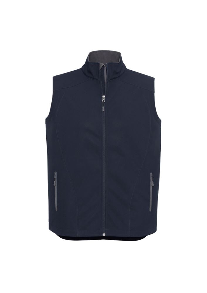 Men's Geneva Vest in navy and graphite, size L, featuring a stand-up collar, zippered pockets, and water-repellent BIZ TECH™ technology.