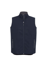 Men's Geneva Vest in navy and graphite, size L, featuring a stand-up collar, zippered pockets, and water-repellent BIZ TECH™ technology.