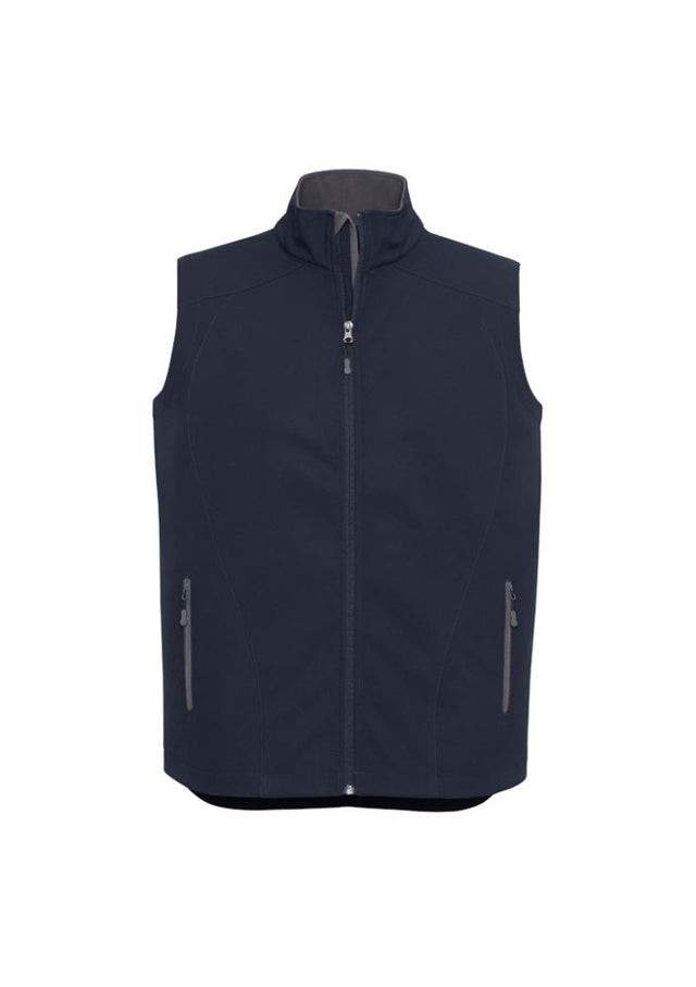 Men's Geneva Vest in navy and graphite, size L, featuring a stand-up collar, zippered pockets, and water-repellent BIZ TECH™ technology.
