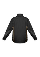 Kids Razor Team Jacket in Black/Gold, size 8, featuring breathable fabric, stow-away hood, and stylish design for young athletes.