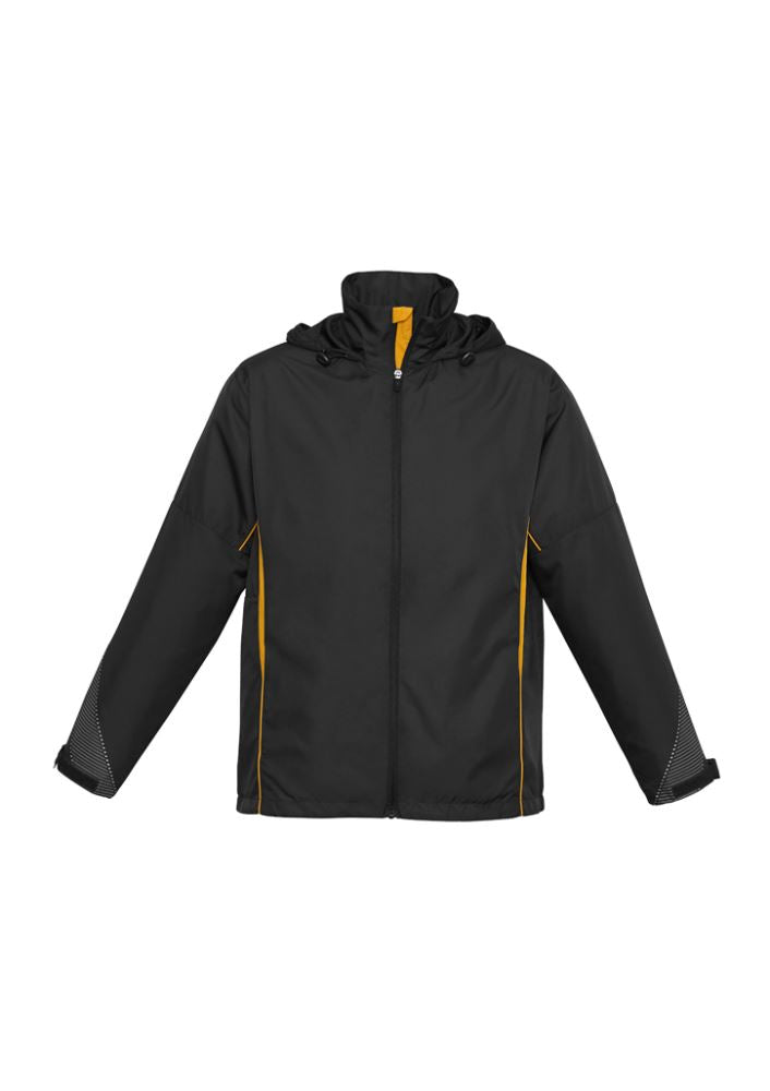Kids Razor Team Jacket in Black/Gold for size 8, featuring breathable mesh, adjustable cuffs, and stylish design for active youth.
