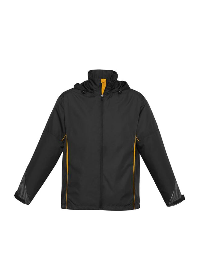 Kids Razor Team Jacket in Black/Gold for size 8, featuring breathable mesh, adjustable cuffs, and stylish design for active youth.