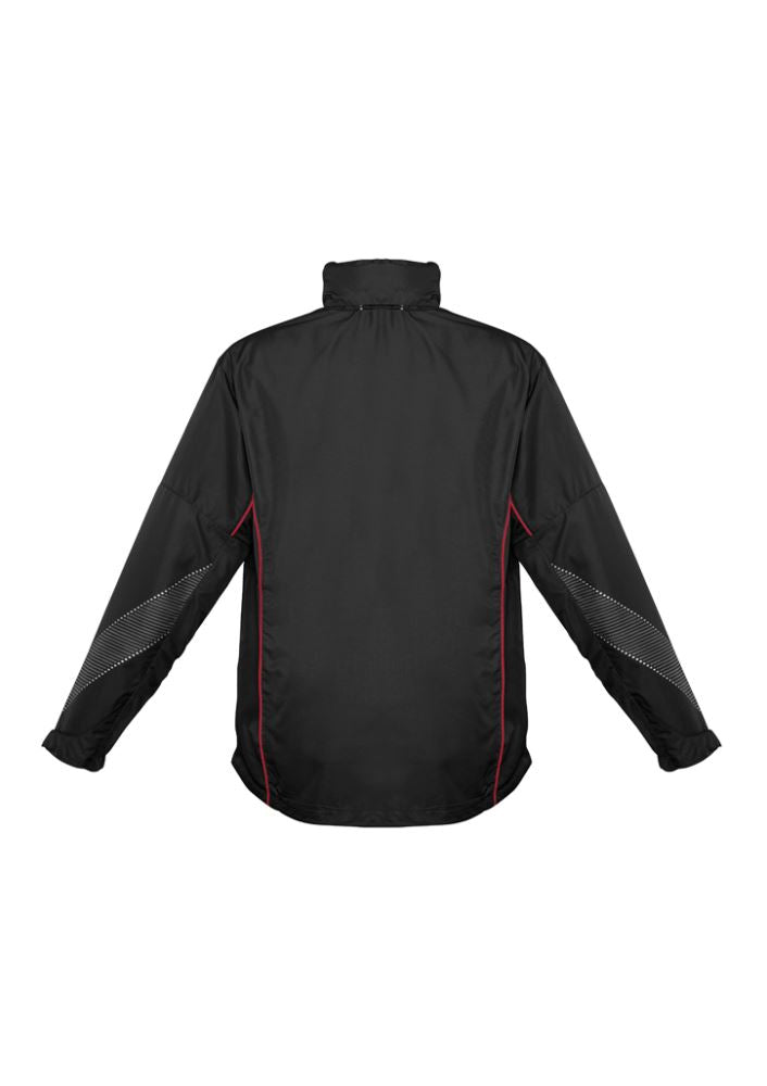 Kids Razor Team Jacket in Black/Red, size 8, featuring breathable mesh lining, stow-away hood, and stylish sleeve print.