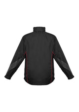 Kids Razor Team Jacket in Black/Red, size 8, featuring breathable mesh lining, stow-away hood, and stylish sleeve print.