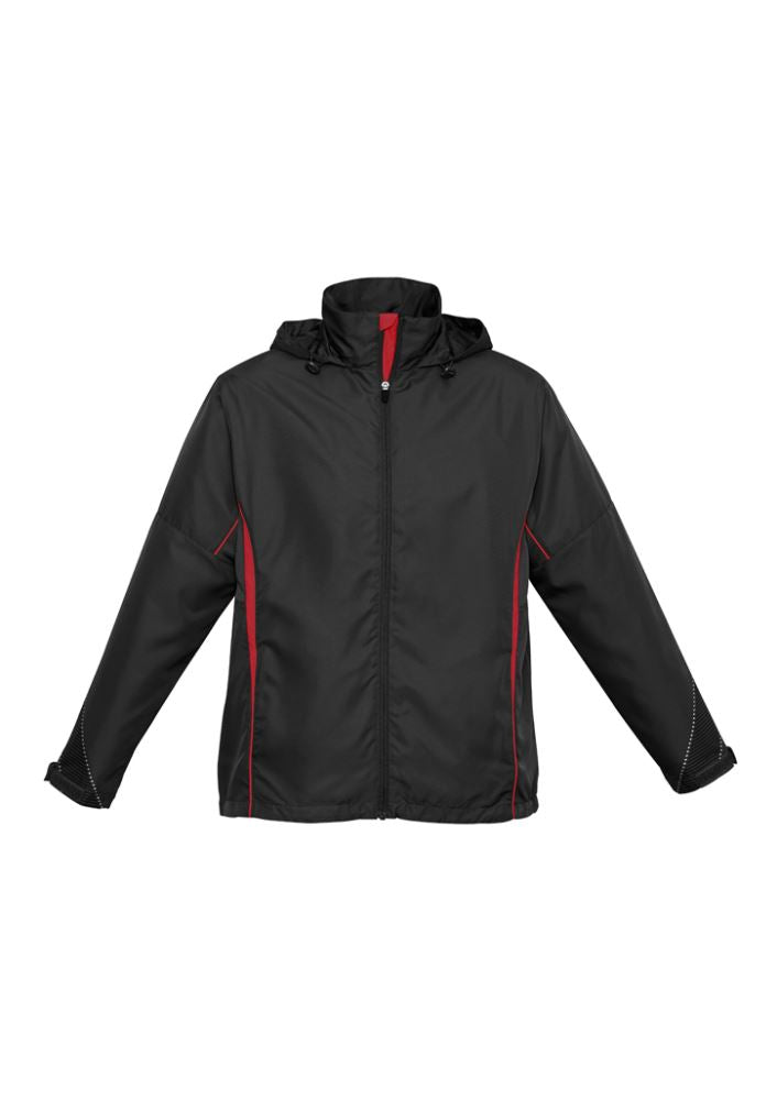 Kids Razor Team Jacket in Black and Red, featuring breathable mesh, stow-away hood, and zippered pockets for active play.