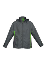 Adults Razor Team Jacket in Grey and Fluoro Lime, Size S, featuring breathable mesh, stow-away hood, and stylish prints.