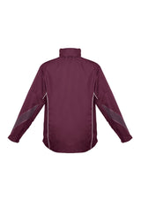 Maroon and white Adults Razor Team Jacket in Size XS, featuring breathable mesh, stow-away hood, and zippered pockets.
