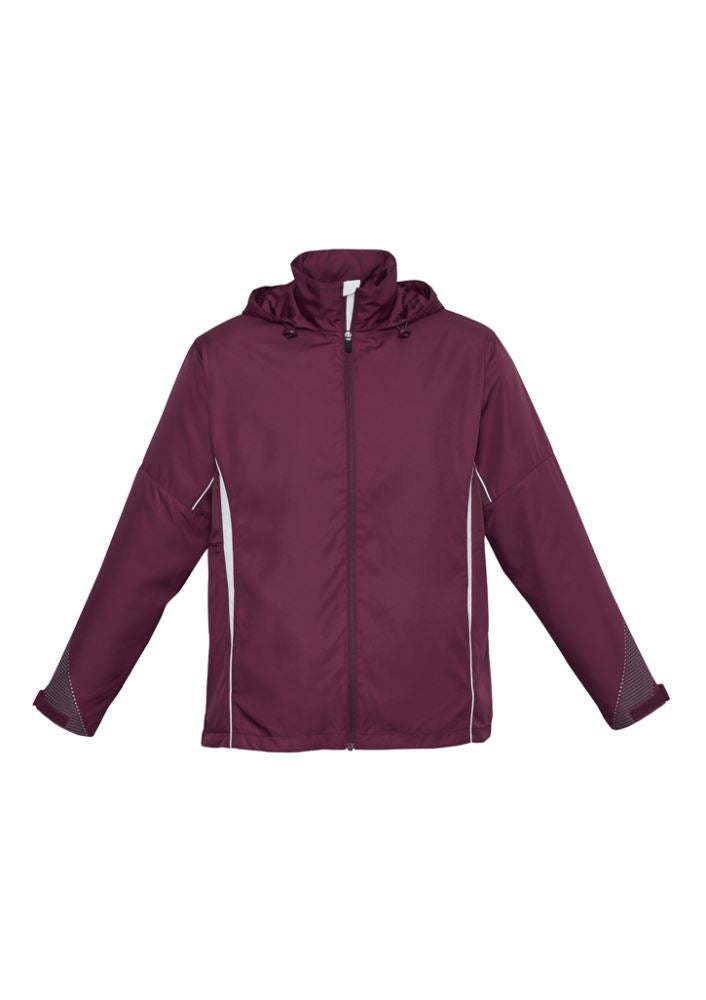 Kids Razor Team Jacket in maroon and white, size 8, with breathable mesh, stow-away hood, and zippered pockets for active youth.