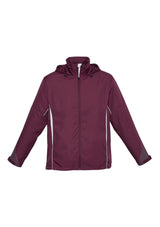 Kids Razor Team Jacket in maroon and white, size 8, with breathable mesh, stow-away hood, and zippered pockets for active youth.