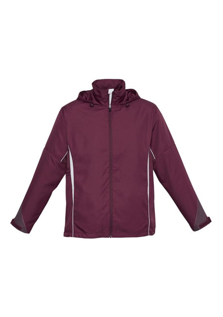 Kids Razor Team Jacket in maroon and white, size 8, with breathable mesh, stow-away hood, and zippered pockets for active youth.