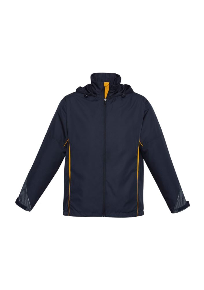 Navy and gold kids' jacket with breathable mesh lining, a stow-away hood, and zippered pockets, perfect for active wear.
