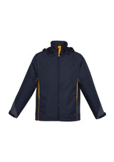 Navy and gold kids' jacket with breathable mesh lining, a stow-away hood, and zippered pockets, perfect for active wear.