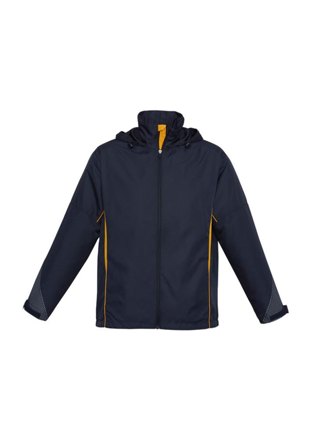 Navy and gold kids' jacket with breathable mesh lining, a stow-away hood, and zippered pockets, perfect for active wear.