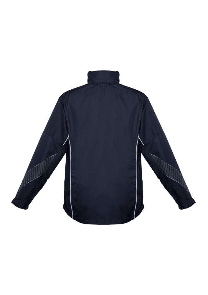 Kids Razor Team Jacket in Navy/White, Size 12, features breathable mesh, stow-away hood, adjustable cuffs, and zippered pockets.