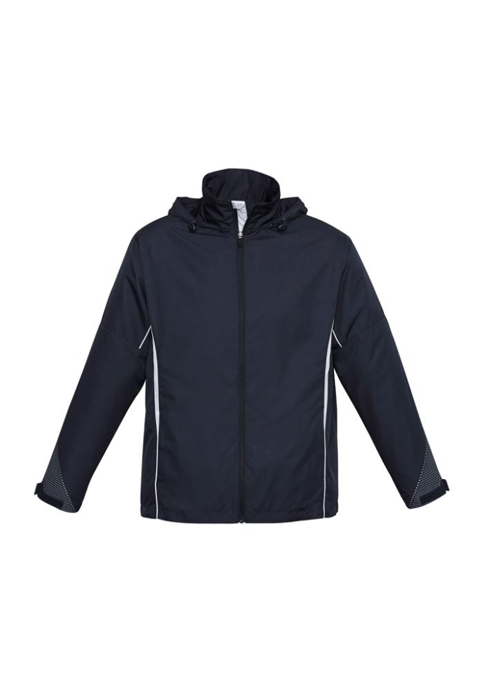 Navy/white 5XL Adults Razor Team Jacket featuring breathable mesh, adjustable cuffs, stow-away hood, and side zippered pockets.