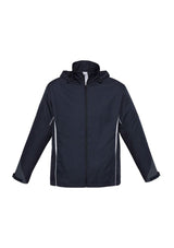 Navy/white 5XL Adults Razor Team Jacket featuring breathable mesh, adjustable cuffs, stow-away hood, and side zippered pockets.