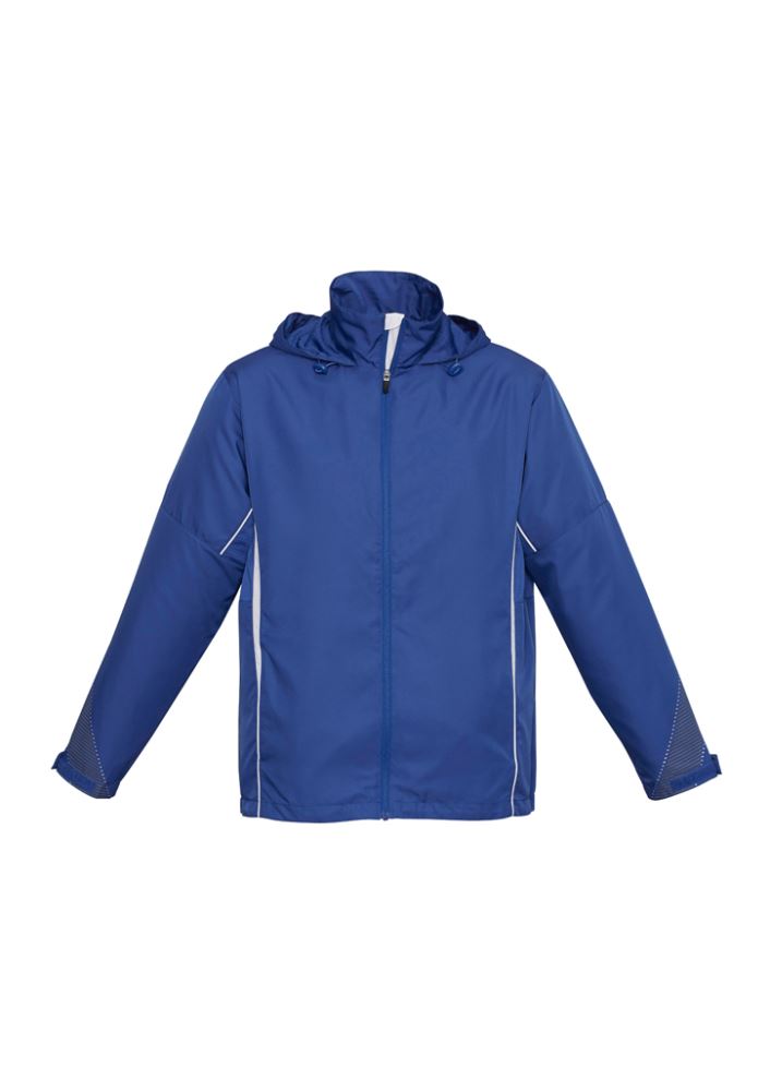 Adults Razor Team Jacket in Royal/White, size M, features breathable mesh lining, stow-away hood, and zippered pockets for style and functionality.