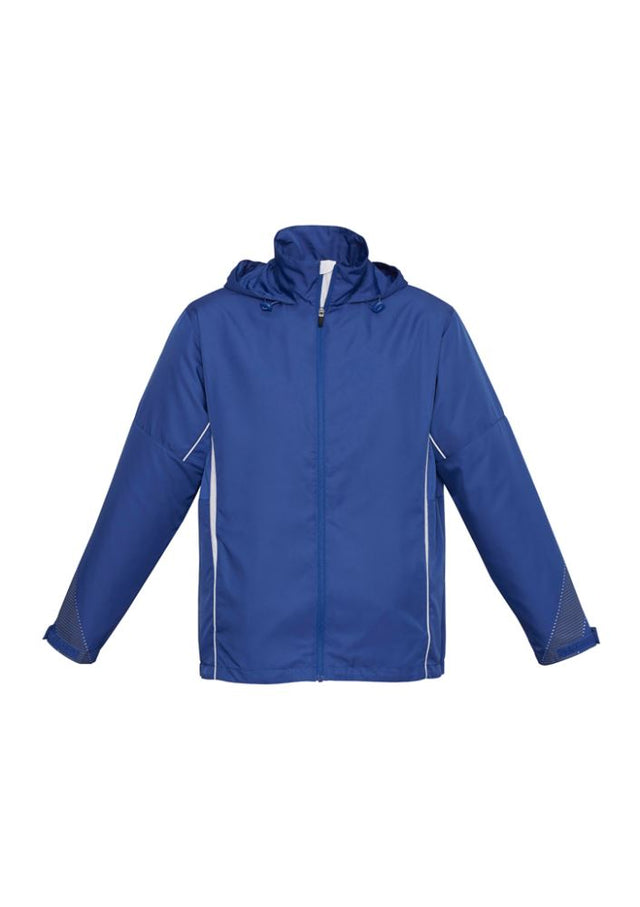 Kids Razor Team Jacket in royal and white, featuring breathable mesh lining, stow-away hood, and zippered pockets. Size 12.